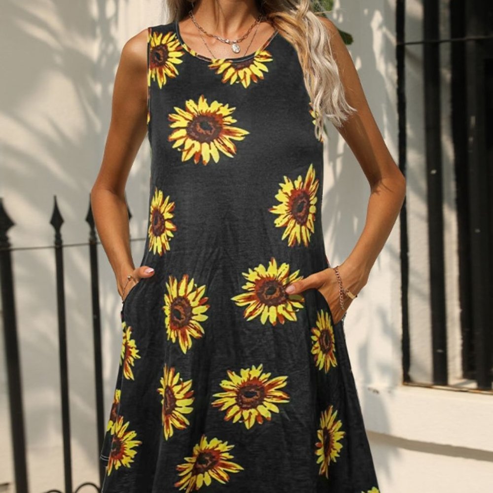 Printed Round Neck Sleeveless Dress with Pockets, Sunflowers